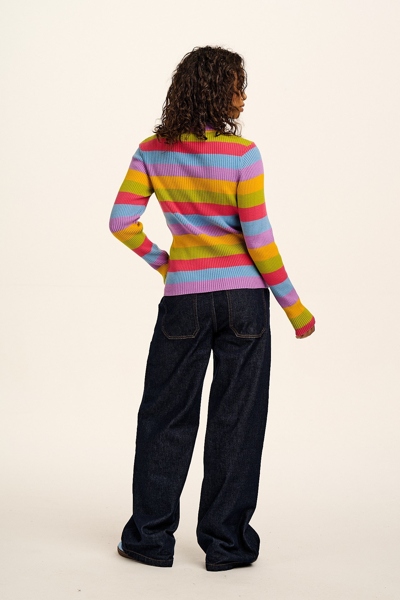 Eva -  Knitted Roll Neck Long Sleeve Top in Rainbow Stripe