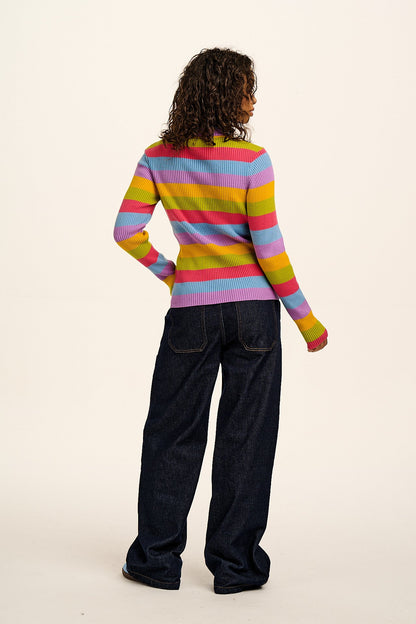 Eva -  Knitted Roll Neck Long Sleeve Top in Rainbow Stripe