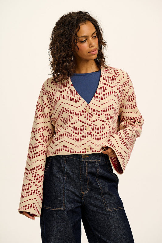Robyn - V-Neck Cotton Cardigan in Heart Argyle