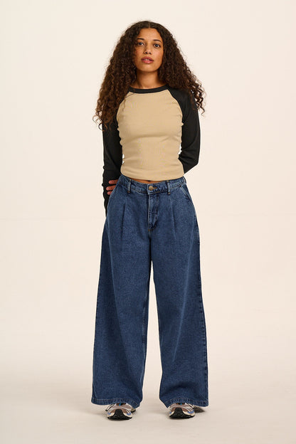 Tate - Denim Extra Wide Leg Jeans in Mid Wash Blue