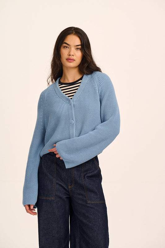 Robyn - V-Neck Cotton Cardigan in Sky Blue