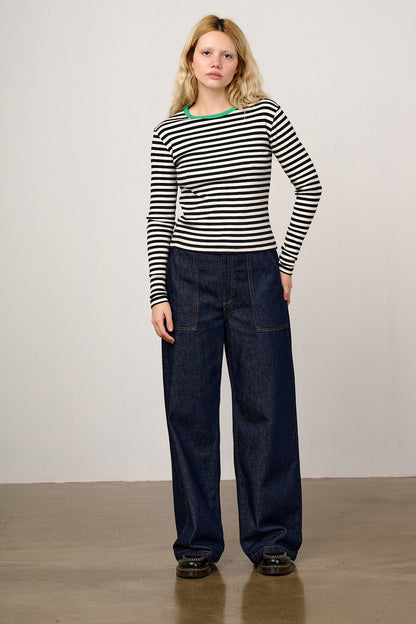Grayson - Long Sleeve Cotton Jersey Top in Black & White Stripe