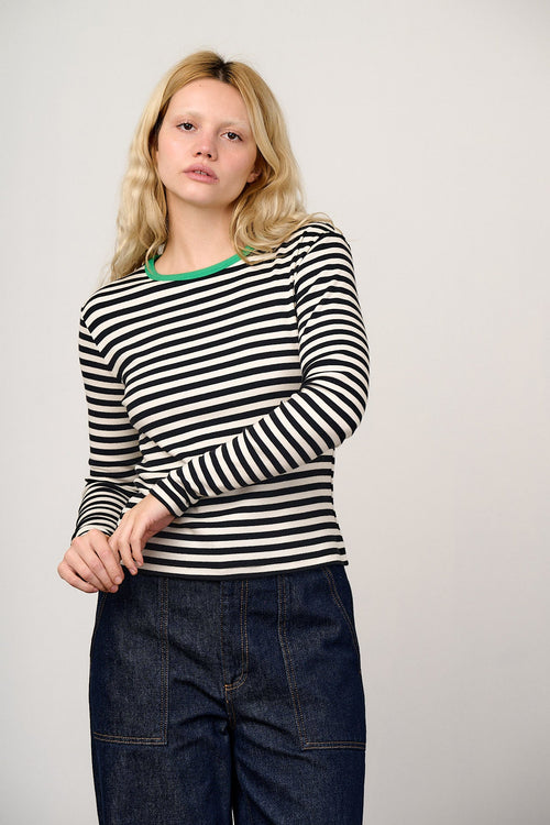Grayson - Long Sleeve Cotton Jersey Top in Black & White Stripe