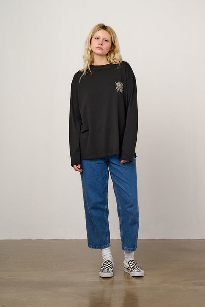 Murat - Long Sleeve Lightweight Cotton T-Shirt in Black & White Sunflower Print