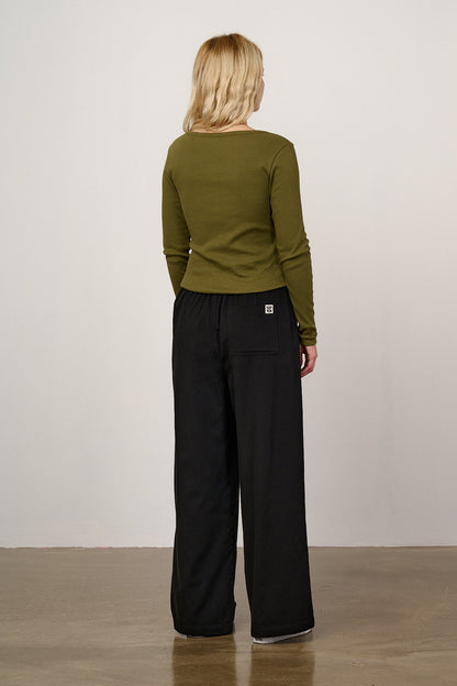 Norris - Wide Leg Cotton Trousers in Black
