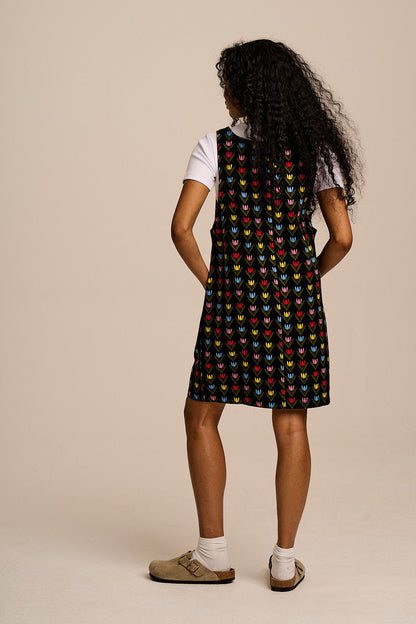 Layla - Mini Cotton Dress in Black Tulip Print
