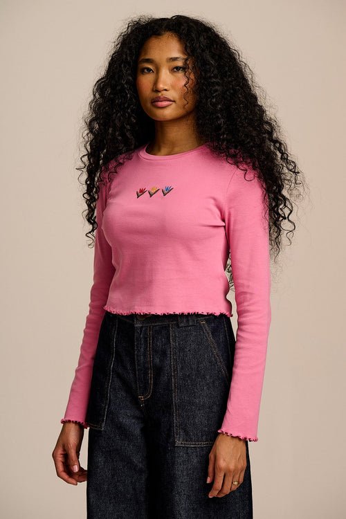 Hansel - Long Sleeve Cotton Crop Top in Pink Tulip Embroidery