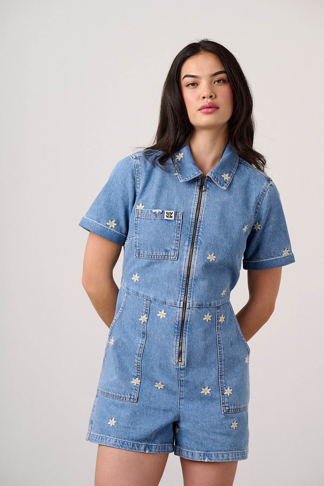 Riley - Denim Playsuit in Light Wash with Daisy Embroidery