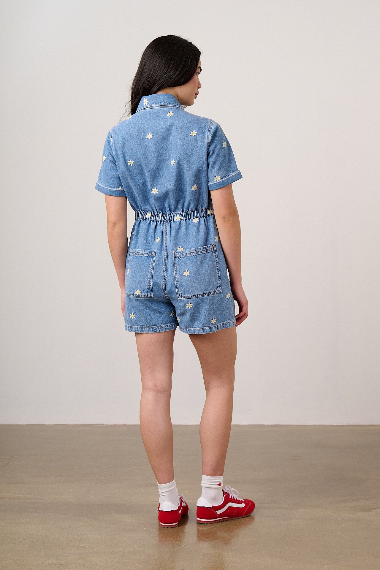 Riley - Denim Playsuit in Light Wash with Daisy Embroidery
