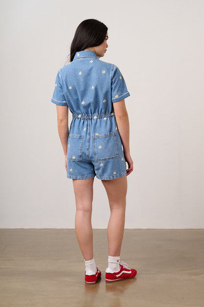 Riley - Denim Playsuit in Light Wash with Daisy Embroidery