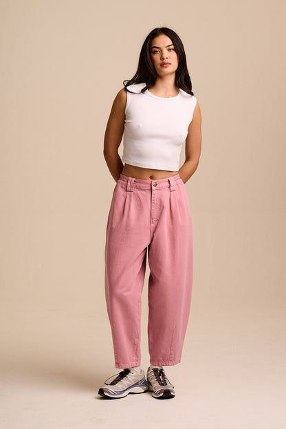 Ashby - Denim Barrel Leg Trousers in Washed Pink