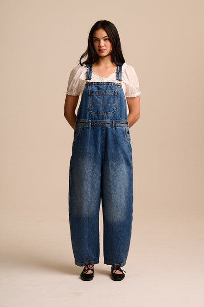 Toluca - Denim Barrel Leg Dungarees in Vintage Wash