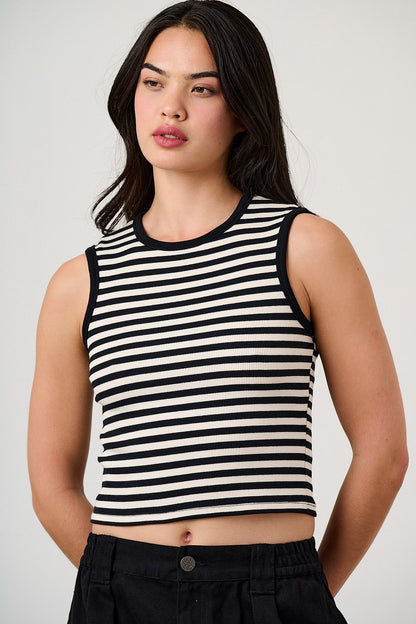 Rue - Cotton Rib Tank Top in Black & White Stripe