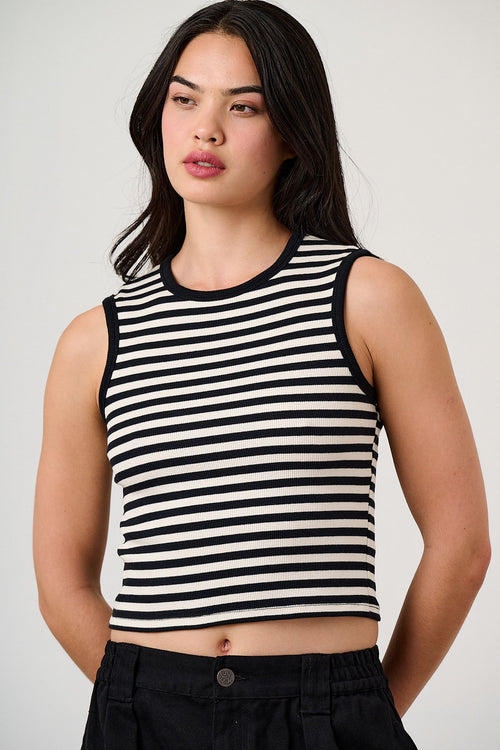 Rue - Cotton Rib Tank Top in Black & White Stripe
