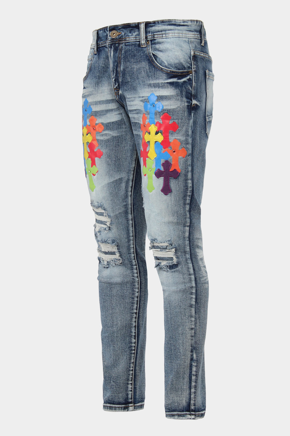 Ripped Jeweled Pu Cross Denim Jeans