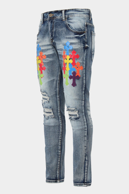 Ripped Jeweled Pu Cross Denim Jeans