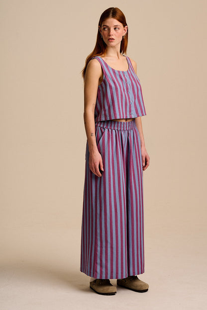 Maddie - Cotton & Linen Trousers in Burgundy & Blue Stripe