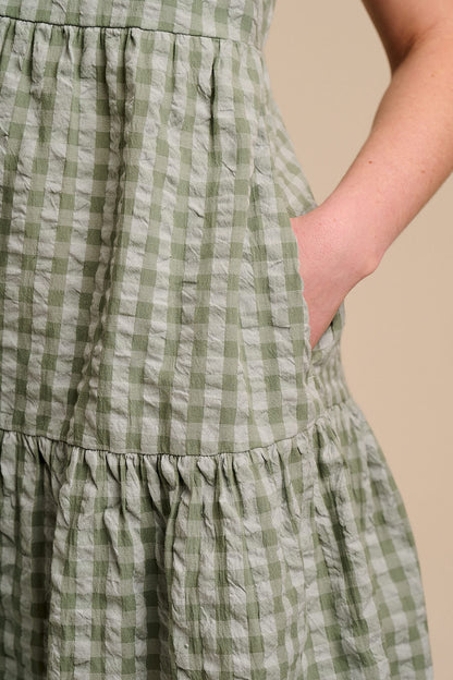 Mae - Cotton Mini Dress in Green Gingham