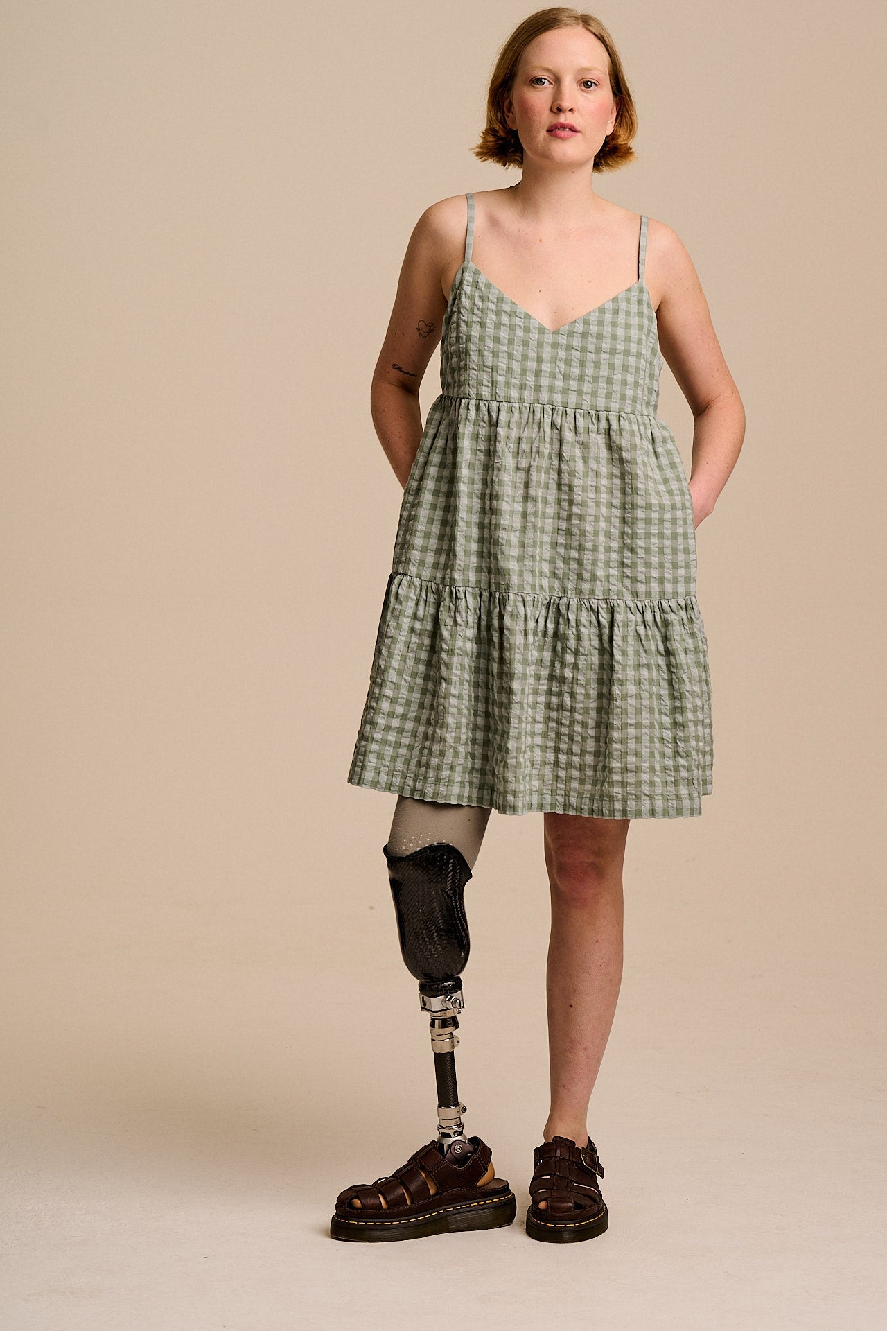 Mae - Cotton Mini Dress in Green Gingham