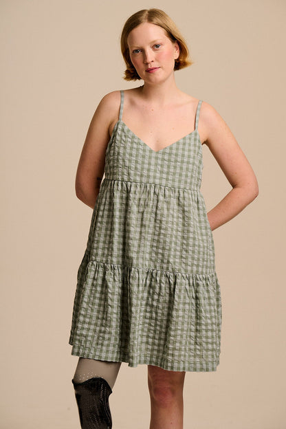 Mae - Cotton Mini Dress in Green Gingham