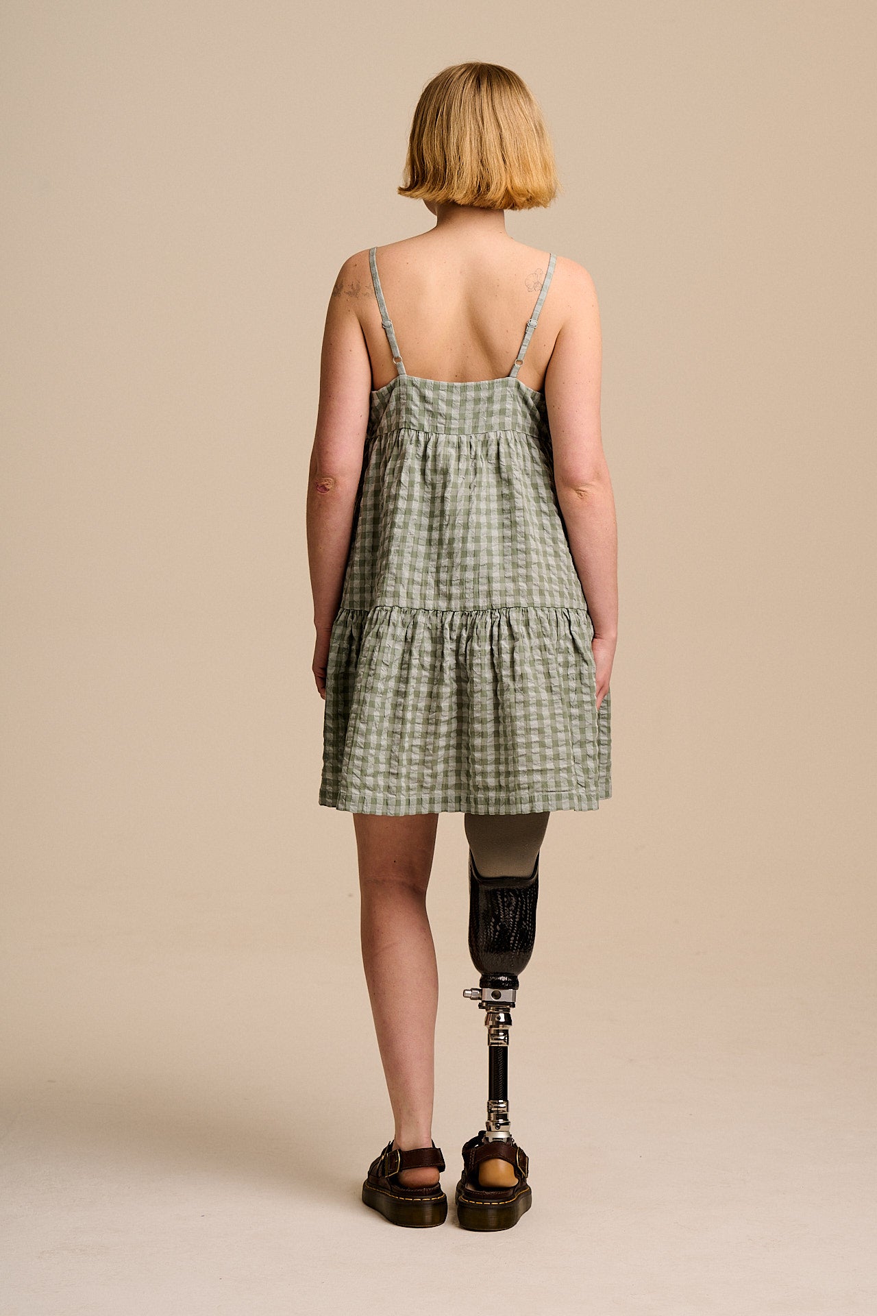 Mae - Cotton Mini Dress in Green Gingham