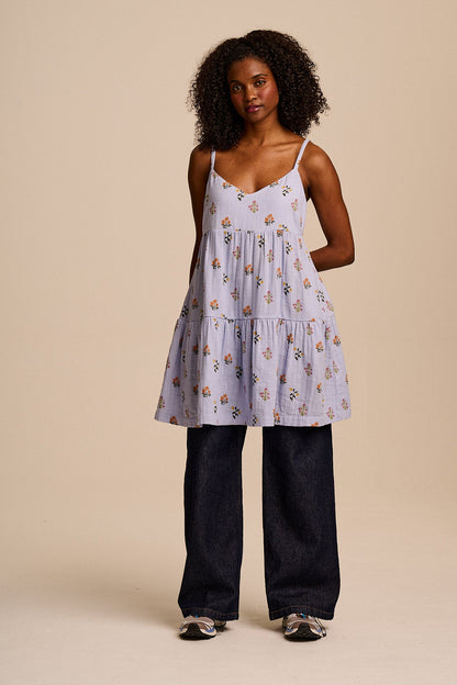 Mae - Cotton Mini Dress in Blue Walled Bloom
