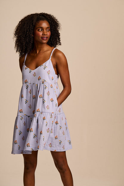 Mae - Cotton Mini Dress in Blue Walled Bloom