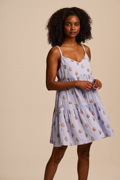 Mae - Cotton Mini Dress in Blue Walled Bloom