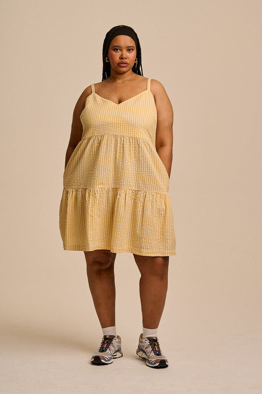 Mae - Cotton Mini Dress in Yellow Stripe
