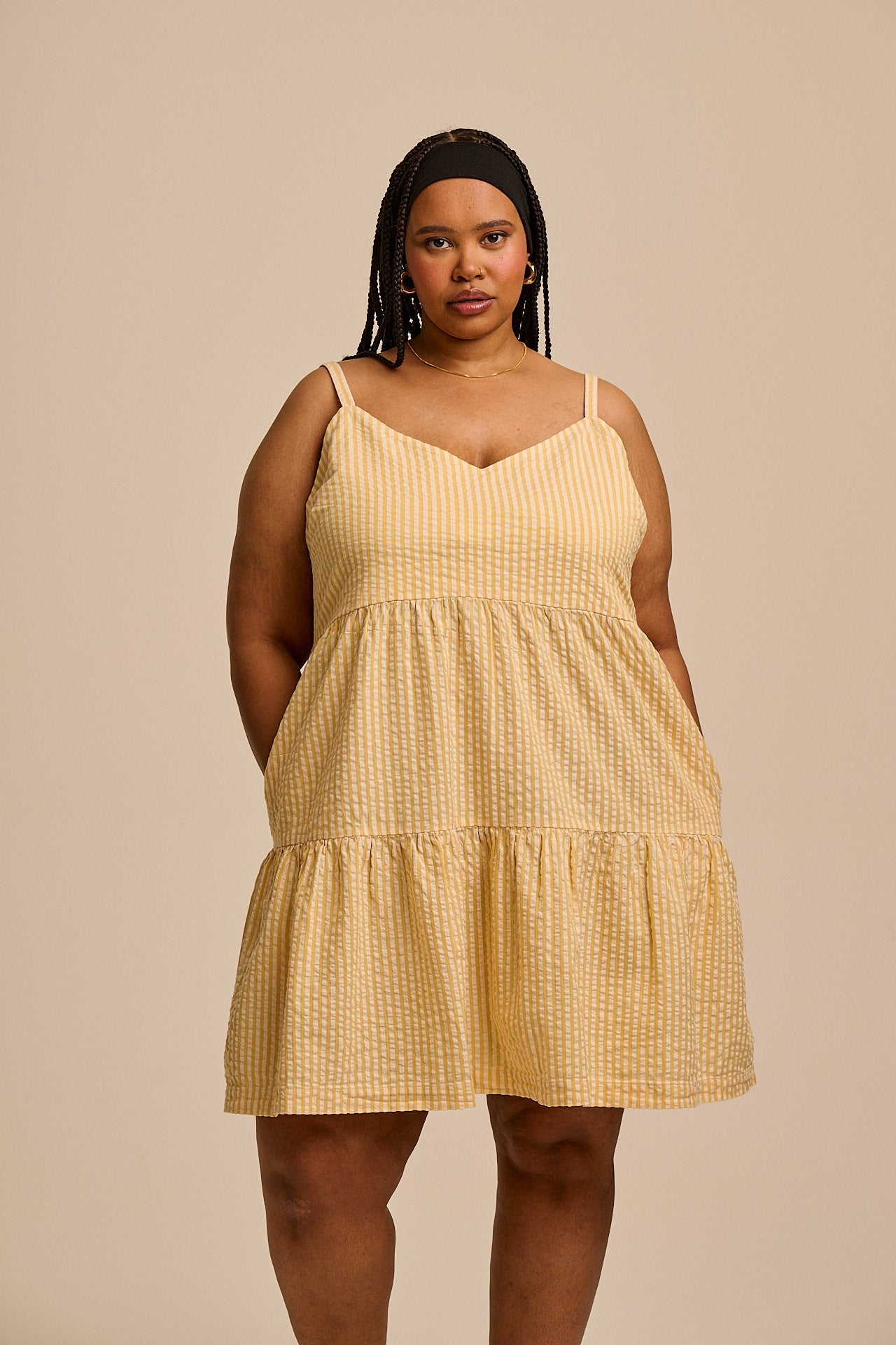 Mae - Cotton Mini Dress in Yellow Stripe