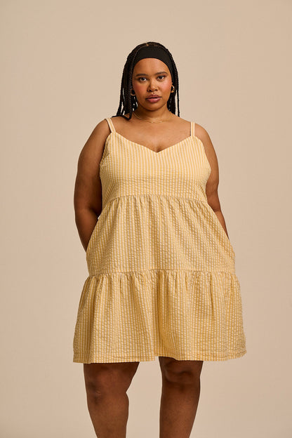 Mae - Cotton Mini Dress in Yellow Stripe