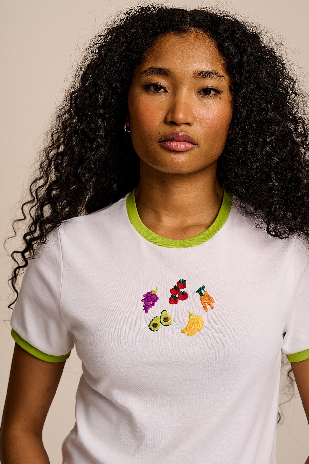 Maya - Cotton T-Shirt in Fruit & Veg Embroidery
