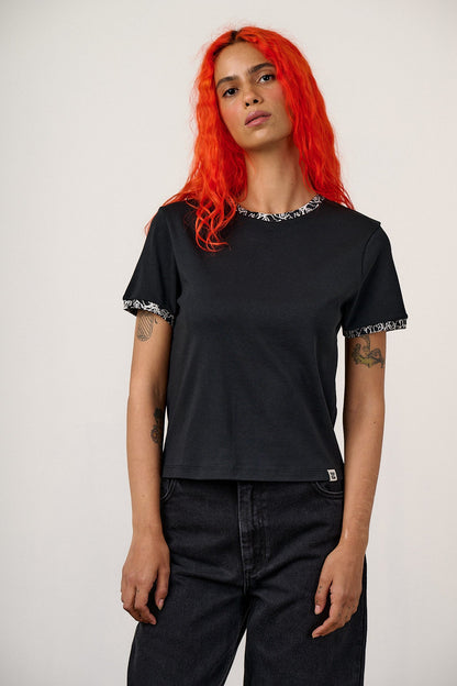 Maya - Cotton T-Shirt in Black Graffiti Trim