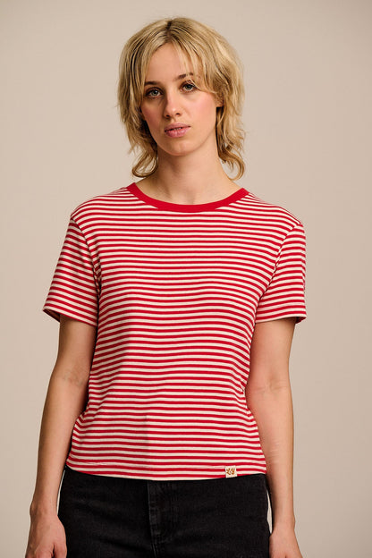 Maya - Cotton T-Shirt in Red & Ecru Stripe with Tulip Embroidery