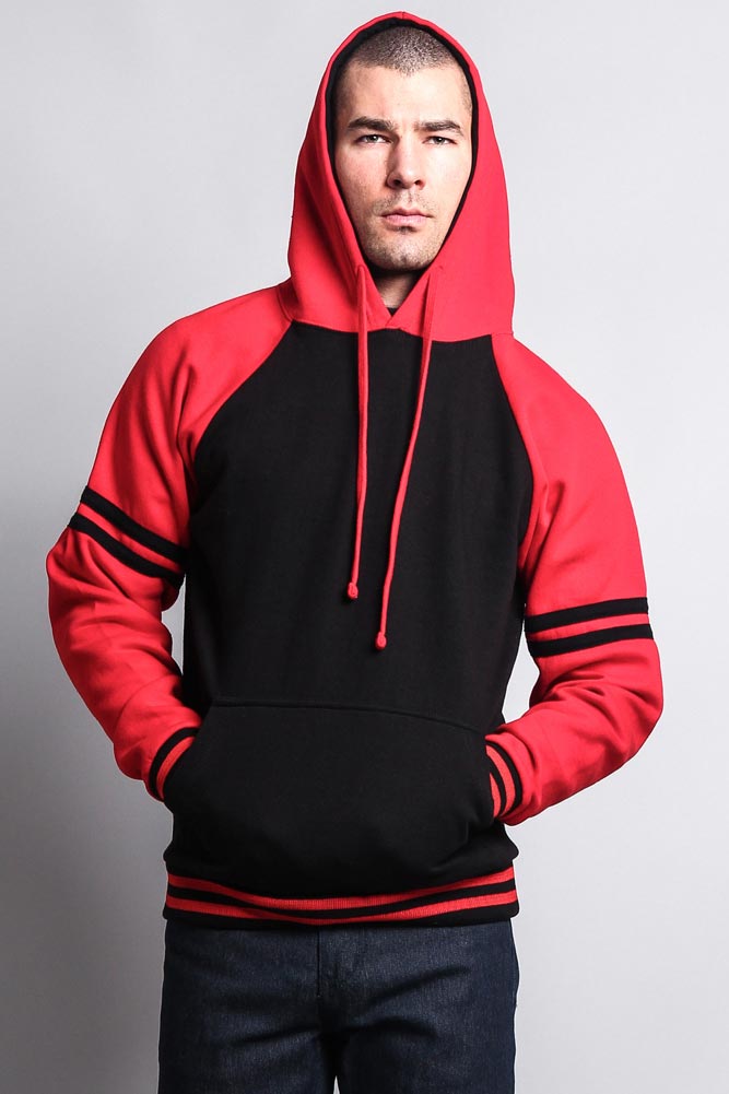 Men's Contrast Raglan Striped Sleeve Pullover Hoodie