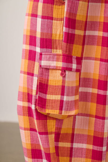 Miyada - Cotton Dungaree in Orange & Pink Check