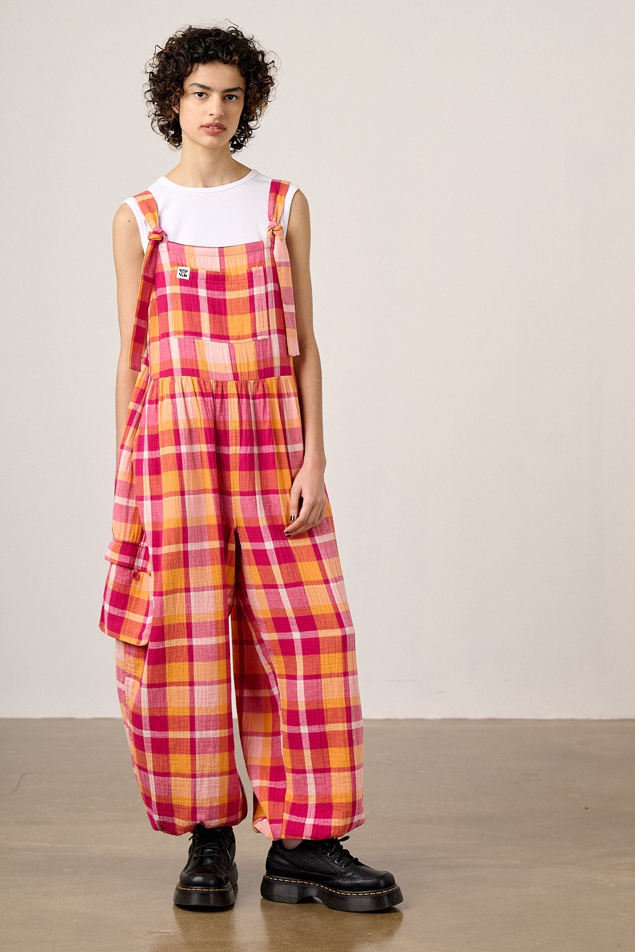 Miyada - Cotton Dungaree in Orange & Pink Check