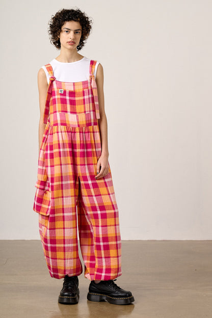Miyada - Cotton Dungaree in Orange & Pink Check