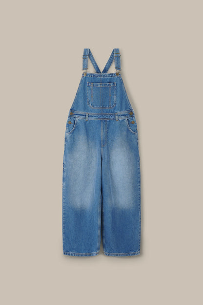 Mullen - Denim Dungarees in Midwash with Metal Clasps