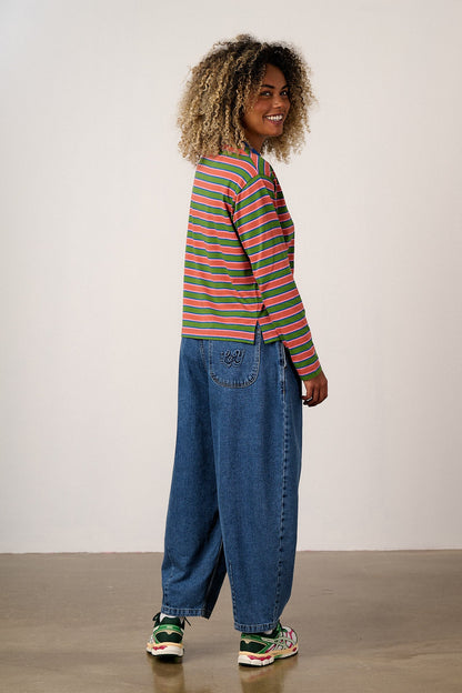 Mysen - Long Sleeve Cotton T-Shirt in Green Stripe