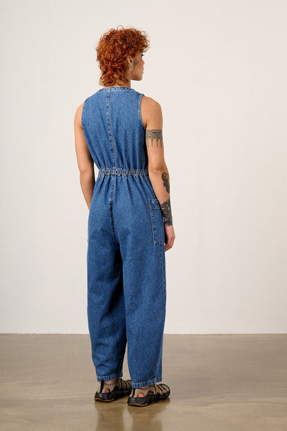 Nari - Light Weight Denim Sleeveless Jumpsuit in Mid Wash