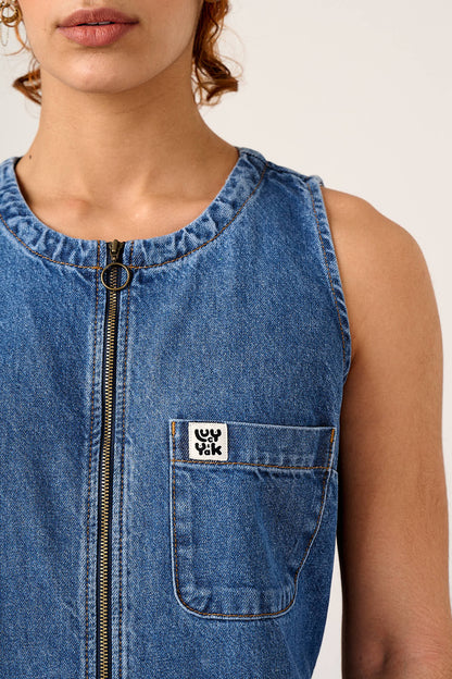 Nari - Light Weight Denim Sleeveless Jumpsuit in Mid Wash
