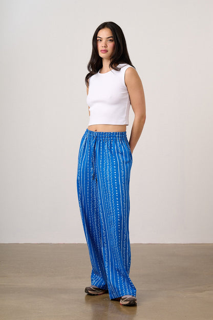 Norris - Wide Leg Cotton Trousers in Blue & White Folk Stripe