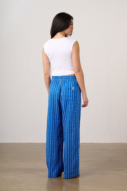 Norris - Wide Leg Cotton Trousers in Blue & White Folk Stripe