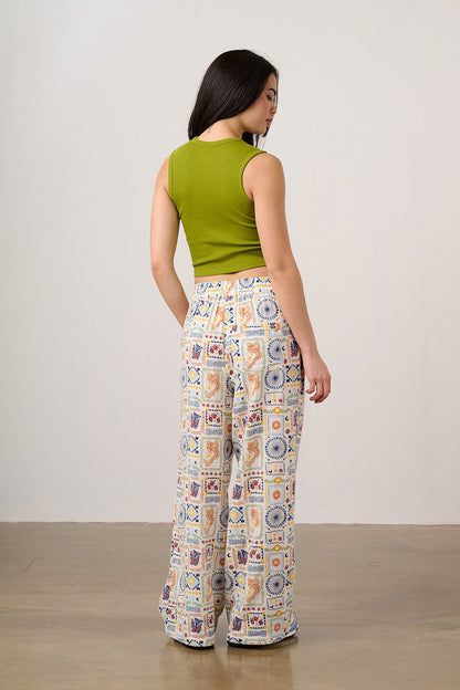 Norris - Cotton Trousers in Ecru Cosmic Folk Tile