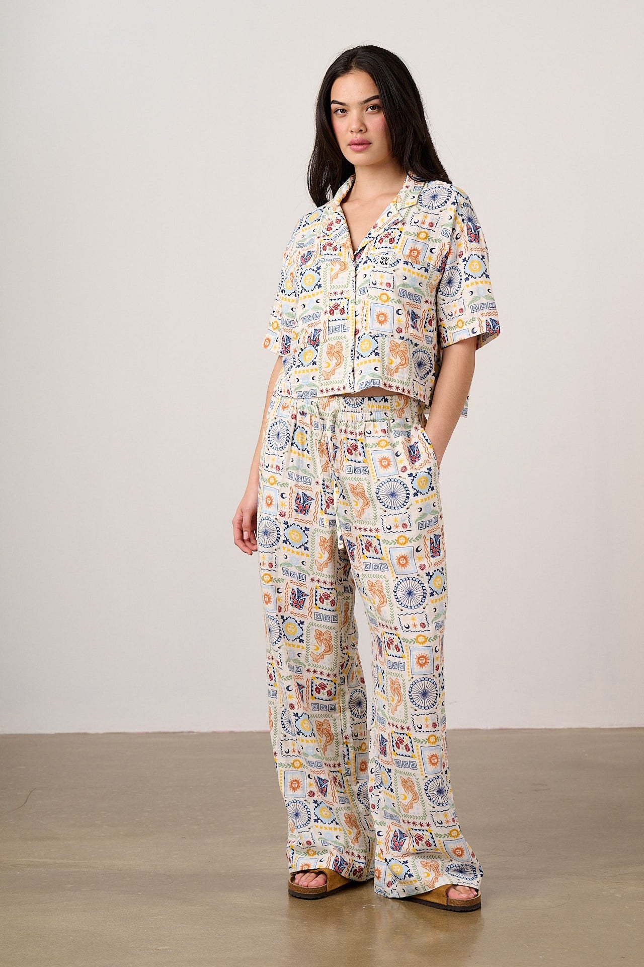Norris - Cotton Trousers in Ecru Cosmic Folk Tile