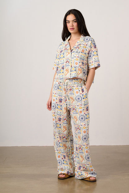 Norris - Cotton Trousers in Ecru Cosmic Folk Tile