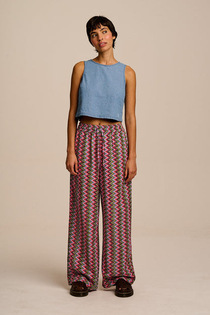 Norris - Wide Leg Cotton & Viscose Trousers in Zig Zag Stripe