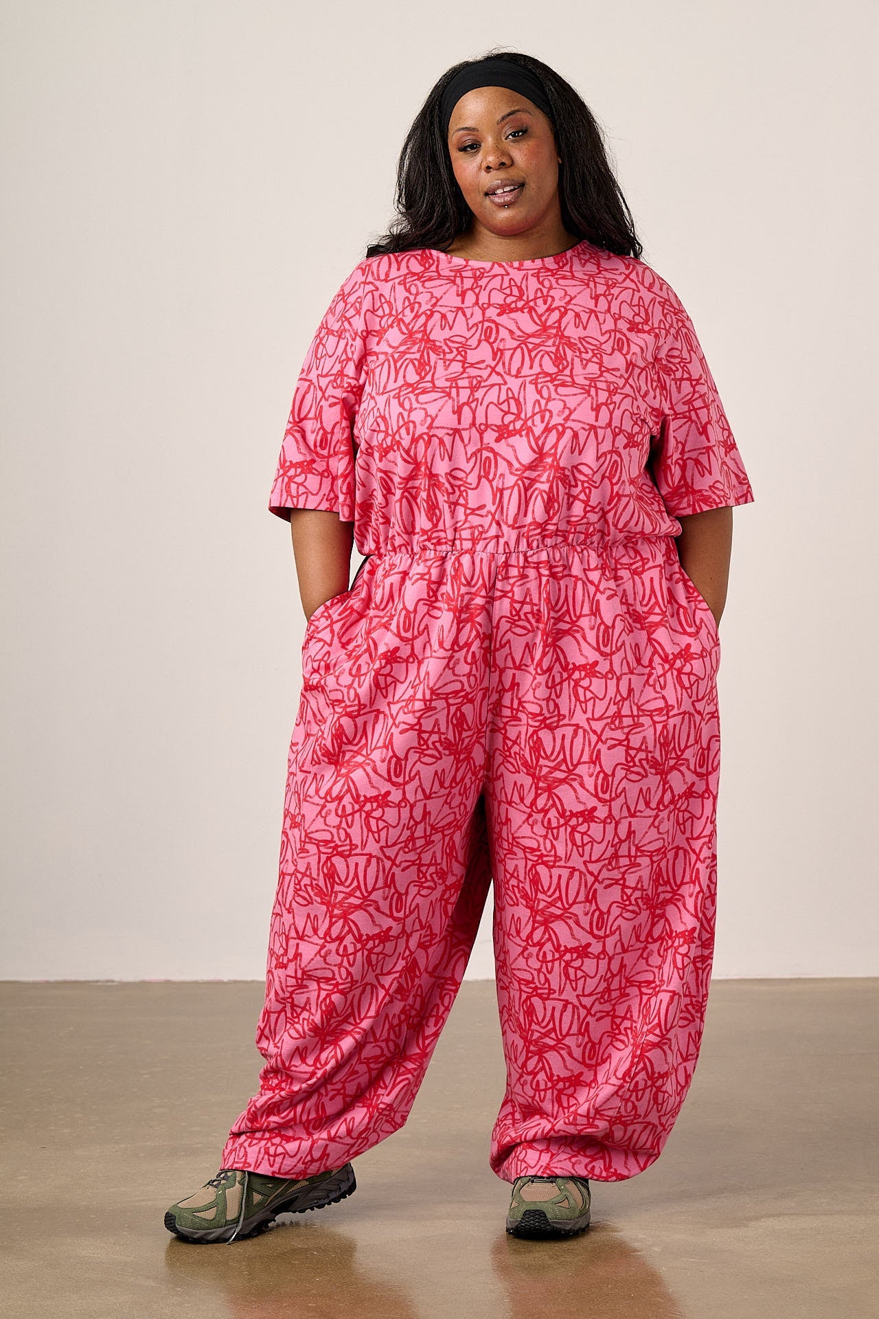Nova - Barrel Leg Cotton Jersey Jumpsuit in Pink Graffiti
