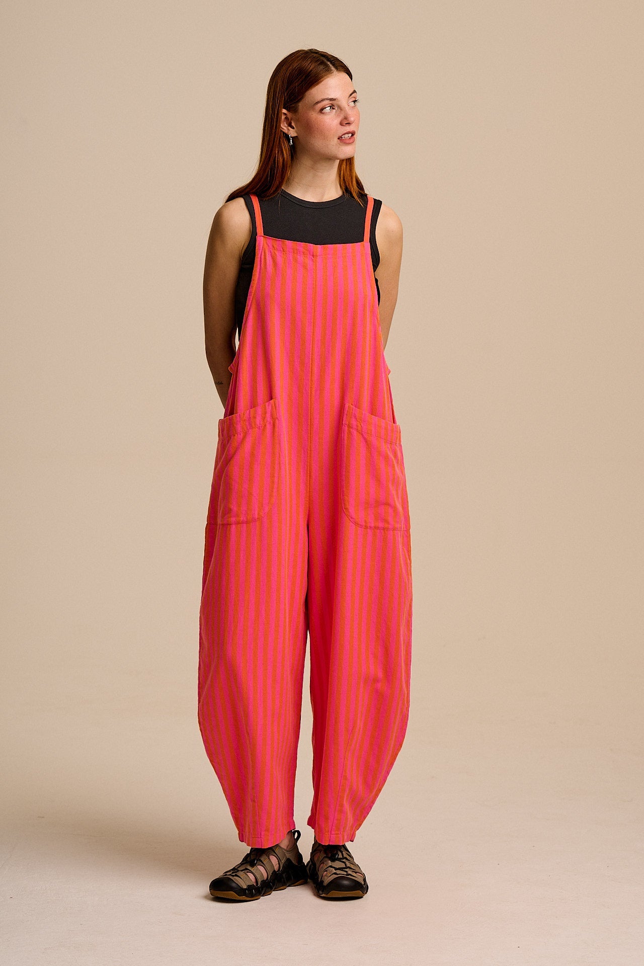 Oaxaca - Cotton Barrel Dungarees in Pink & Orange Stripe